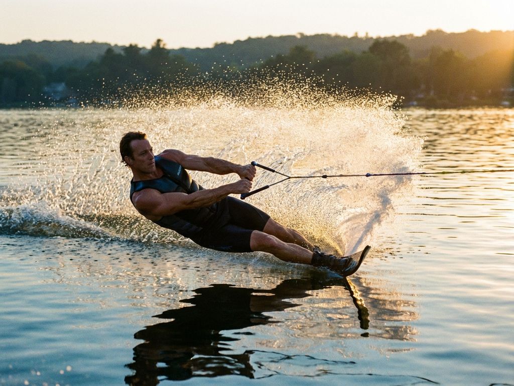 Waterskiër maakt scherpe bocht op spiegelglad meer, lichaam schuin, waterdruppels glinsteren in gouden namiddaglicht