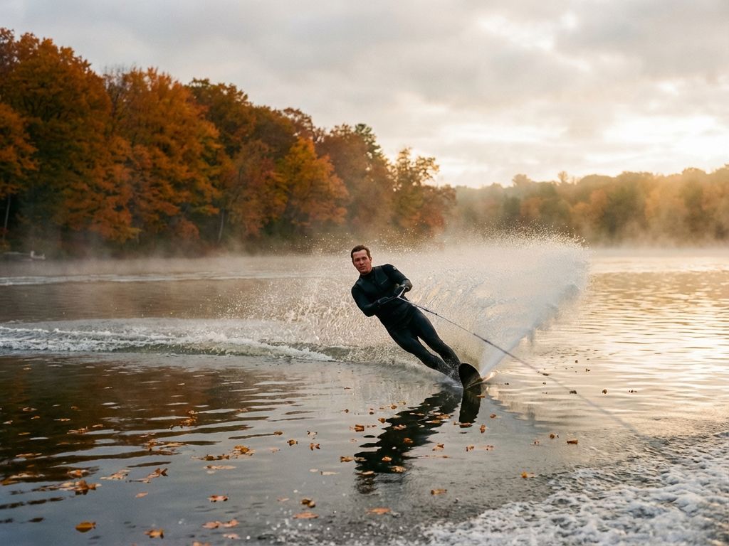 Waterskiër snijdt door kalm herfstmeer met opspattend water, omringd door bomen in oranje en gouden herfstkleuren