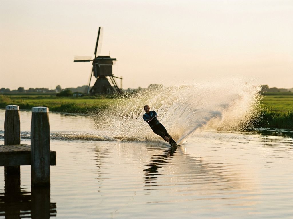 Waterskiër snijdt door spiegelglad kanaalwater met opspattend water, Hollandse windmolen en polderlandschap op achtergrond