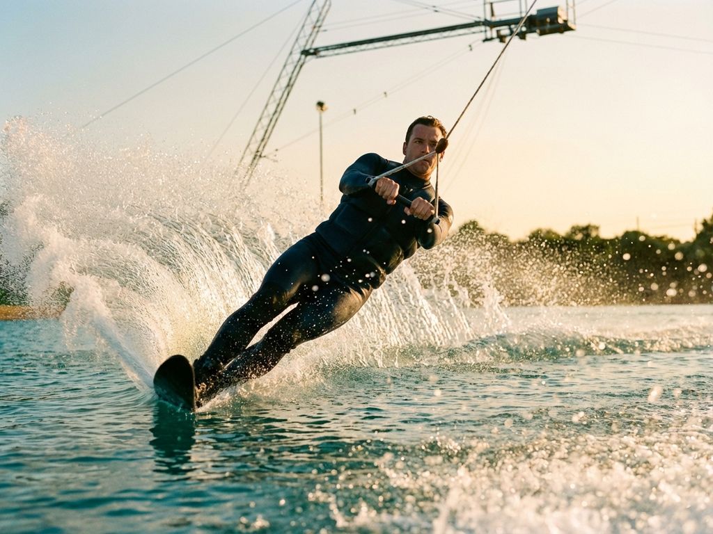Waterskiër snijdt door helderturquoise water bij kabelbaan, waterdruppels spatten op in warm zomerlicht