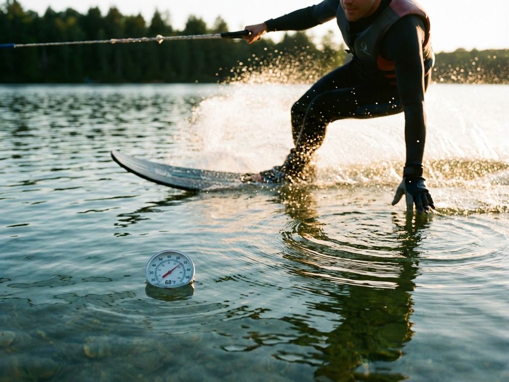 Waterskiër glijdt over heldermeer bij gouden avondlicht, waterdruppels spatten rond, wazige beboste oever op achtergrond