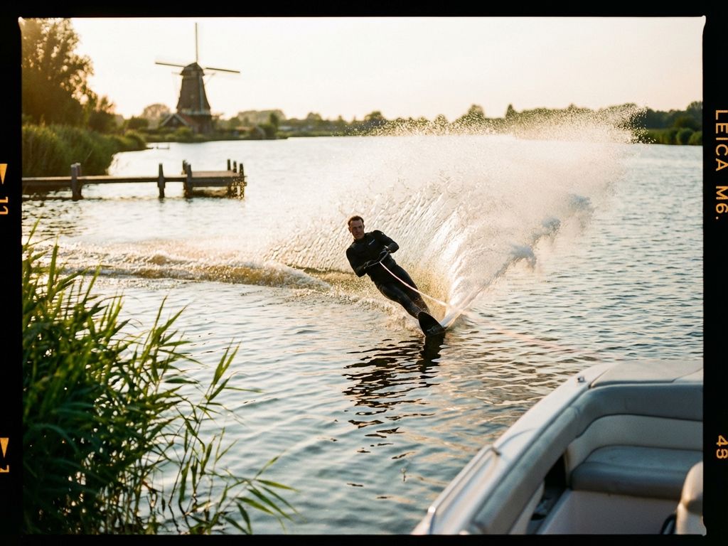 Waterskiër snijdt door helder meerwater met dramatische opspattingen, Nederlandse windmolen op achtergrond in gouden avondlicht