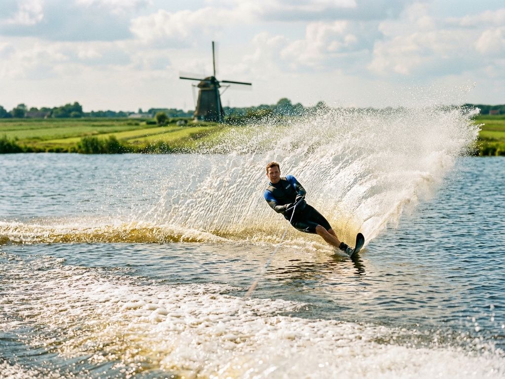 Waterskiër snijdt door helder meerwater met spectaculaire spatboog, Nederlandse windmolen en groene polder op achtergrond