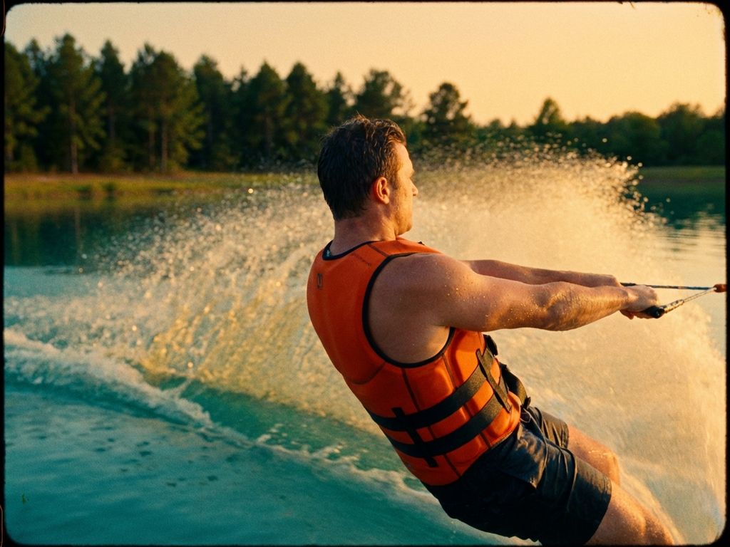 Waterski├źr in oranje impactvest snijdt door helderturquoise meerwater met opspattend water in gouden namiddaglicht