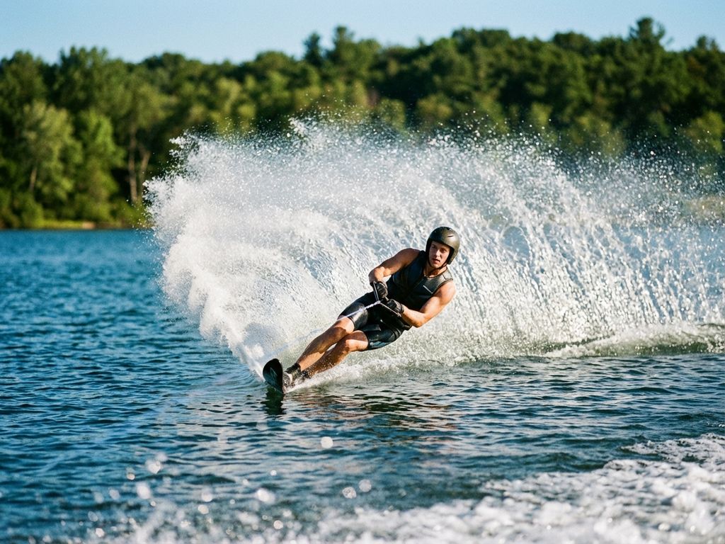 Waterskiër leunt in scherpe bocht over helderblauw meerwater, met opspattend water en zonlicht dat glinstert op druppels