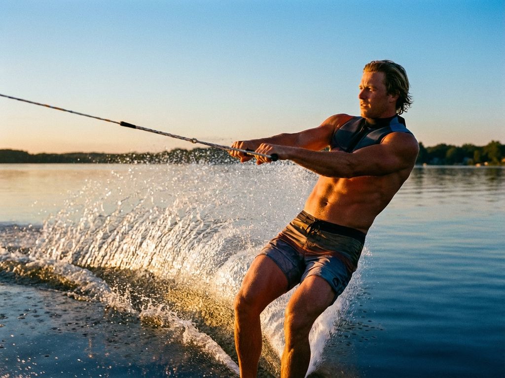 Gespierde waterskiër in actie op spiegelglad meer, waterdruppels in gouden zonlicht, atletische houding met gespannen spieren