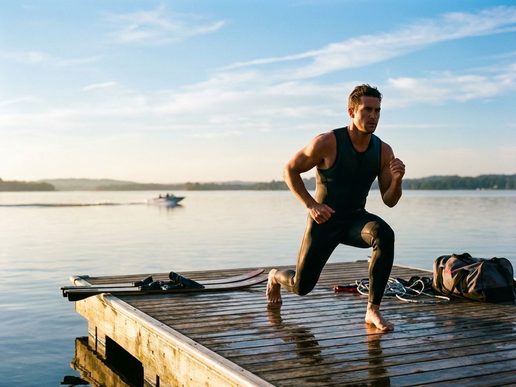 Gespierde atleet in wetsuit doet een lunge op een houten steiger bij een kalm meer tijdens gouden ochtendlicht