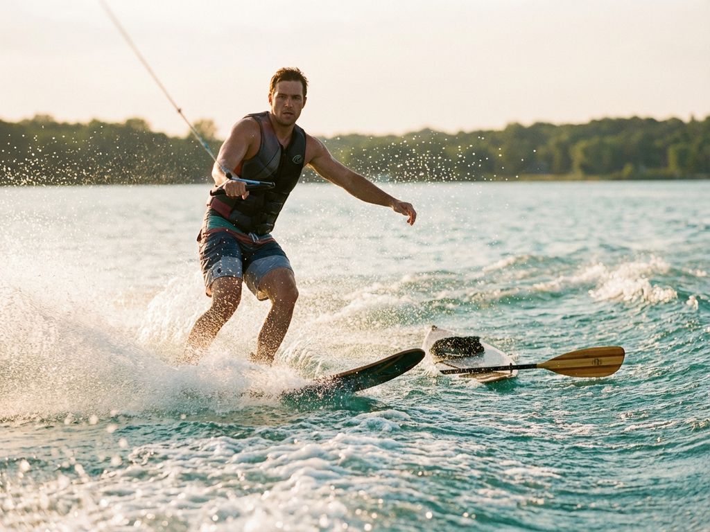 Waterskiër grijpt sleeptouw met één hand terwijl waterdruppels opspatten in turquoise meerwater bij gouden middaglicht