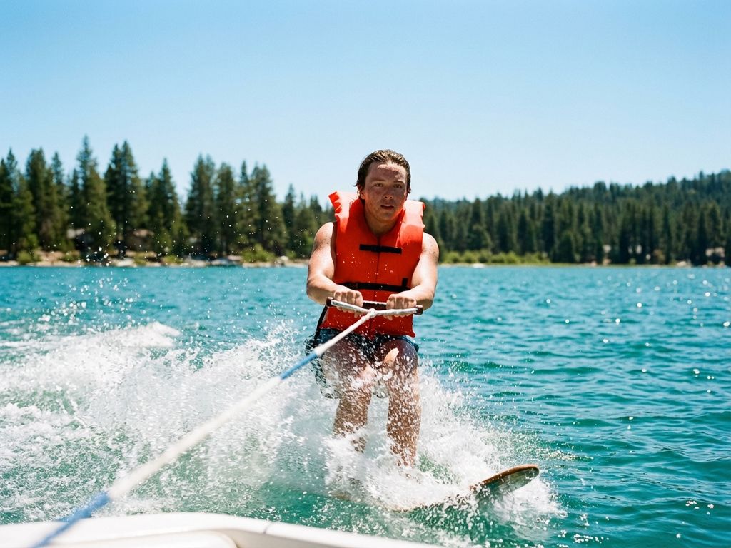 Waterskiër in oranje reddingsvest grijpt sleeptouw vast, waterspatten rond lichaam, turquoise meer met dennenbomen op achtergrond