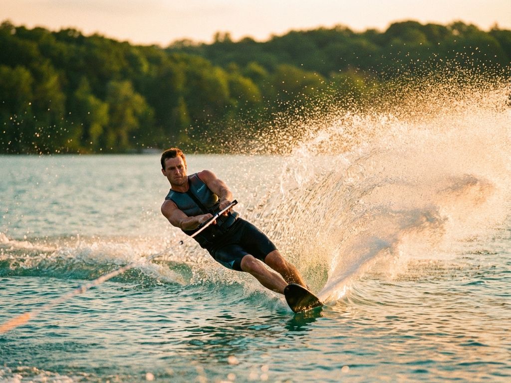 Waterskiër snijdt door helderturquoise meerwater met opspattende druppels in gouden zonlicht op zomerse middag