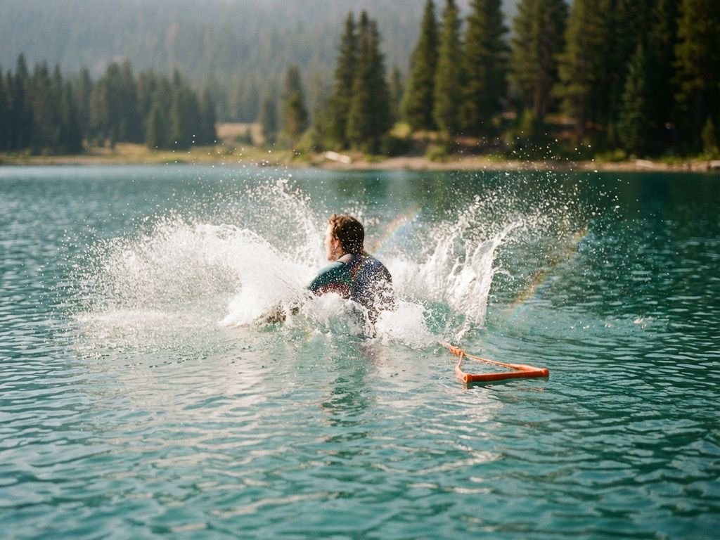 Waterskiër valt in helderblauw meerwater met bevroren spatten en kleine regenbogen in het zomerse zonlicht