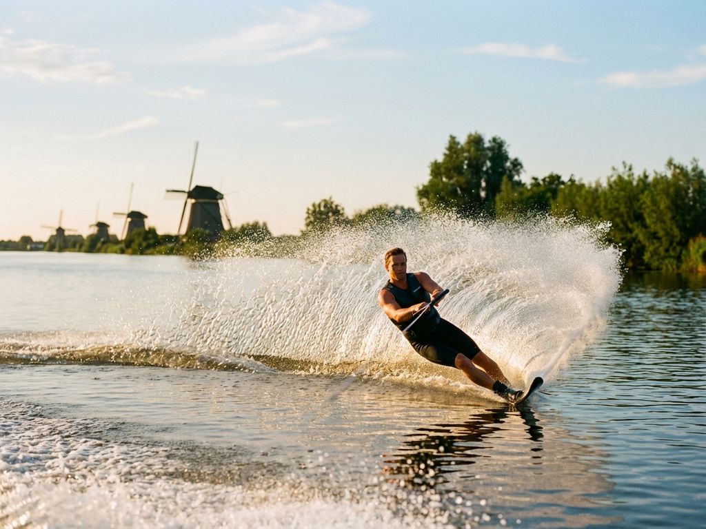 Waterskiër snijdt door spiegelglad merenwater met dramatische watersproeiboog in gouden zomerlicht, Nederlands landschap