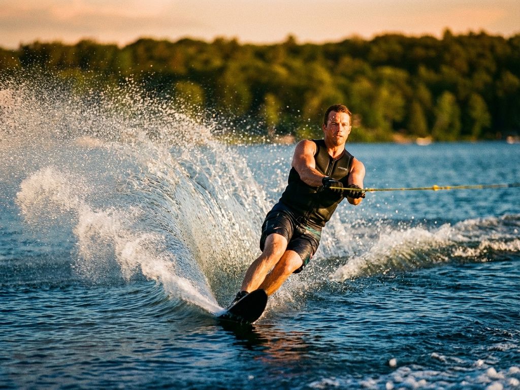 Waterskiër snijdt door helder meerwater bij zonsondergang, waternevel achter zich, gespannen touw, groene oever op achtergrond