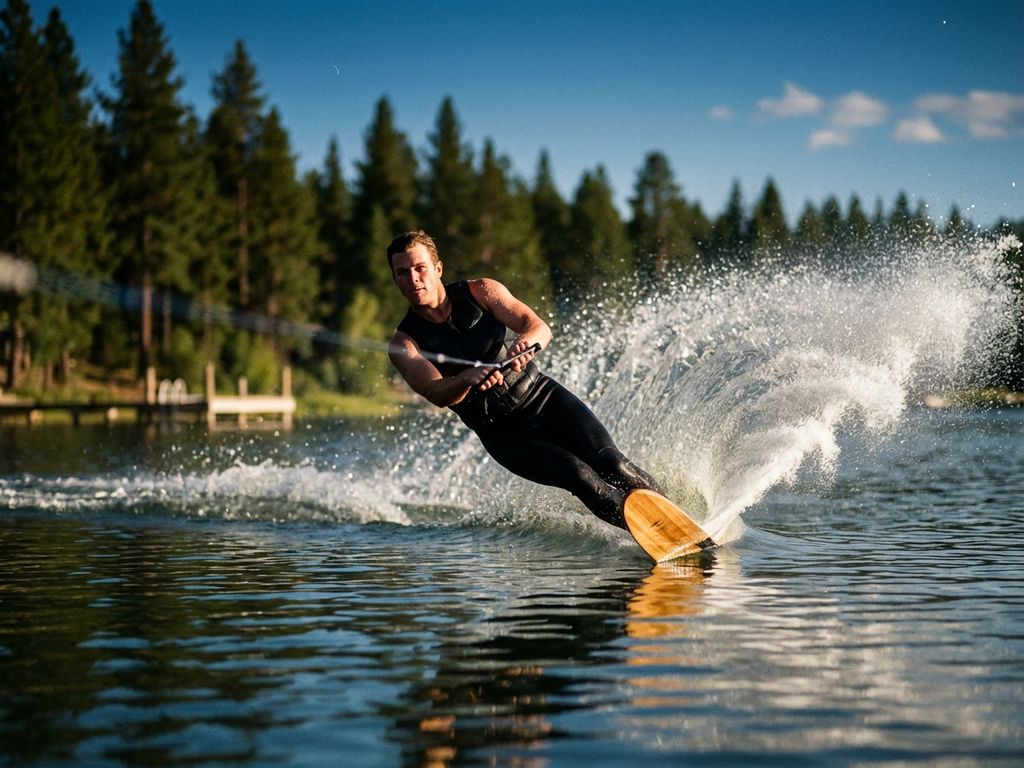 Waterskiër in actie snijdt door helder meerwater met opspattend water, zomers zonlicht en dennenbomen op achtergrond