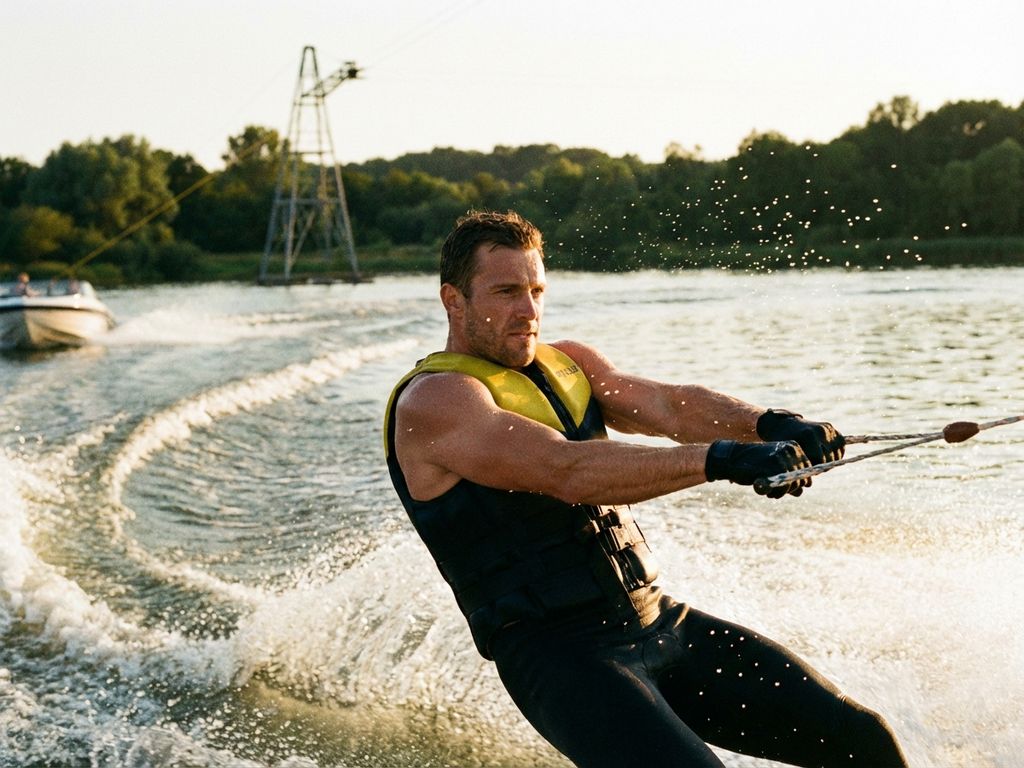 Waterskiër snijdt door helder meerwater bij zonsondergang, vastberaden blik, waterdruppels in de lucht, groene oever