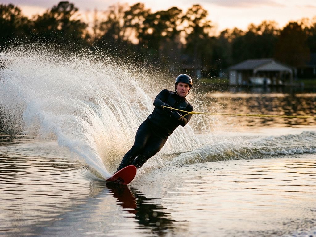 Waterskiër maakt scherpe bocht op spiegelend meer bij zonsondergang, met opspattend water en gespannen sleeptouw