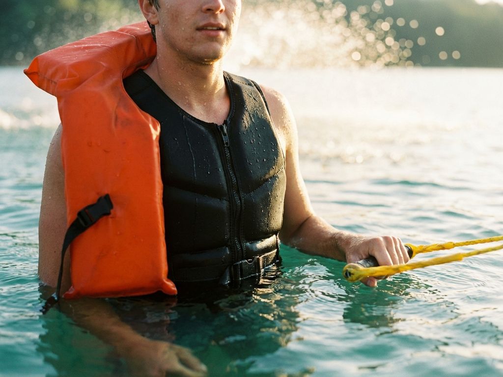 Waterski├źr in zwart neopreen impactvest met oranje reddingsvest over schouder, grijpt sleeptouw in turquoise meerwater