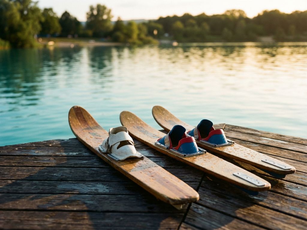 Mono-ski en dubbele waterski's gekruist op houten steiger, waterdruppels glinsteren in gouden namiddaglicht bij turquoise meer