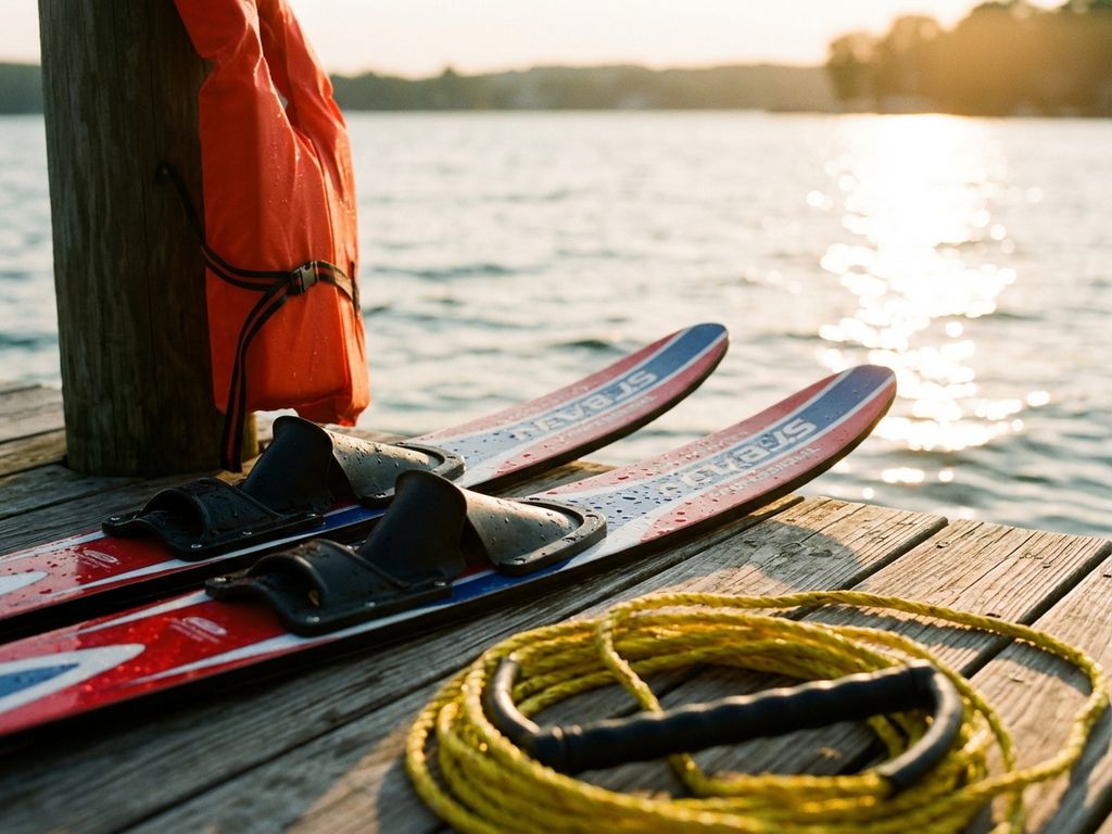 Professionele waterski's op een houten steiger met oranje reddingsvest en sleeptouw, glinsterende meerwater op achtergrond
