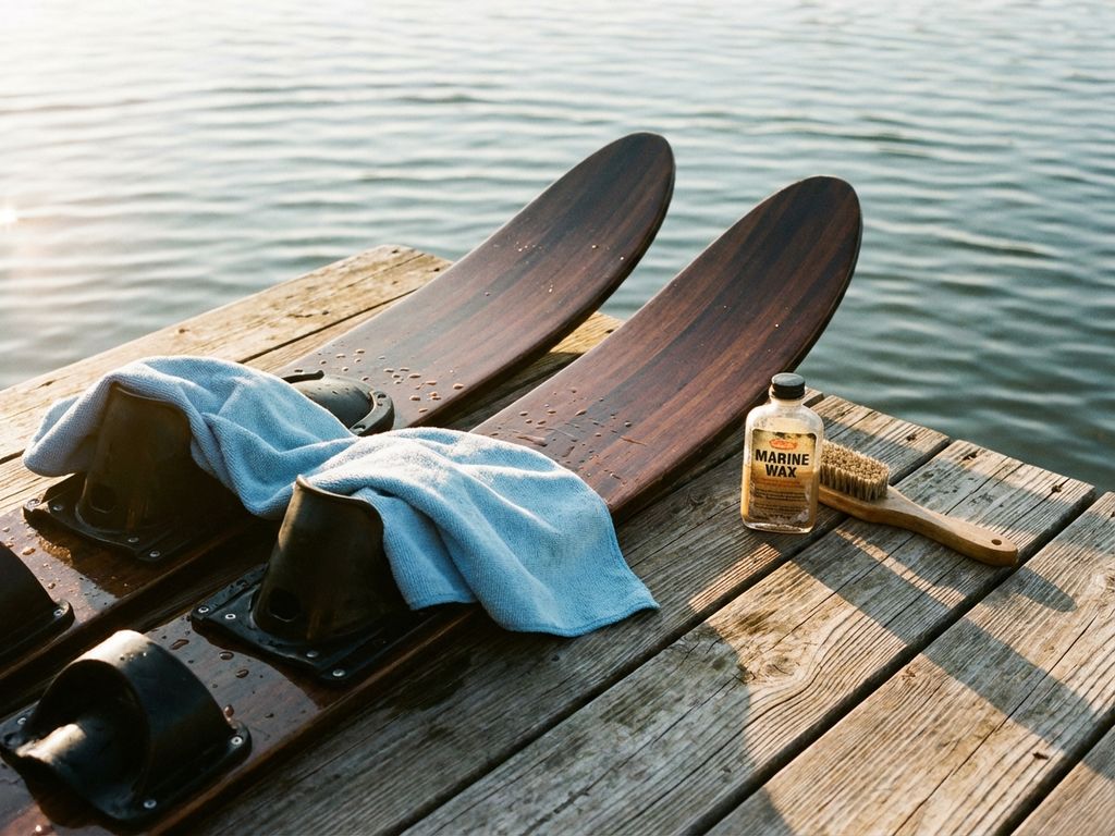 Glanzende waterski's op een verweerde houten steiger met poetsdoek, wax en borstel, kalm meer op de achtergrond