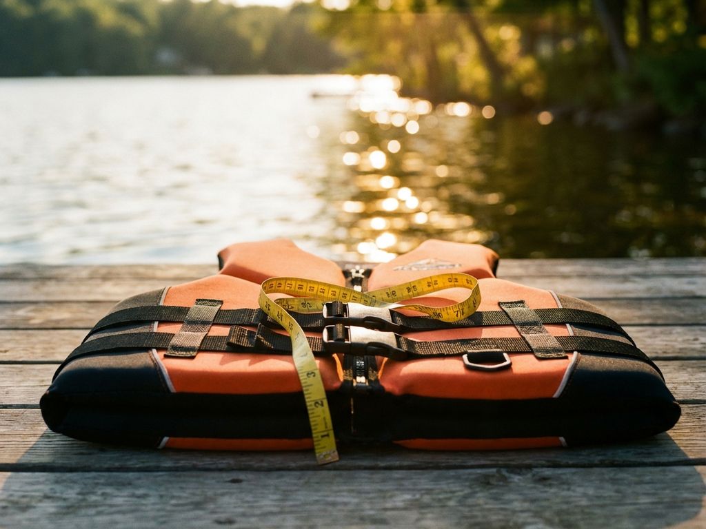Oranje-zwart waterski-zwemvest met meetlint op houten steiger, zonnig meer op de achtergrond in warm middaglicht