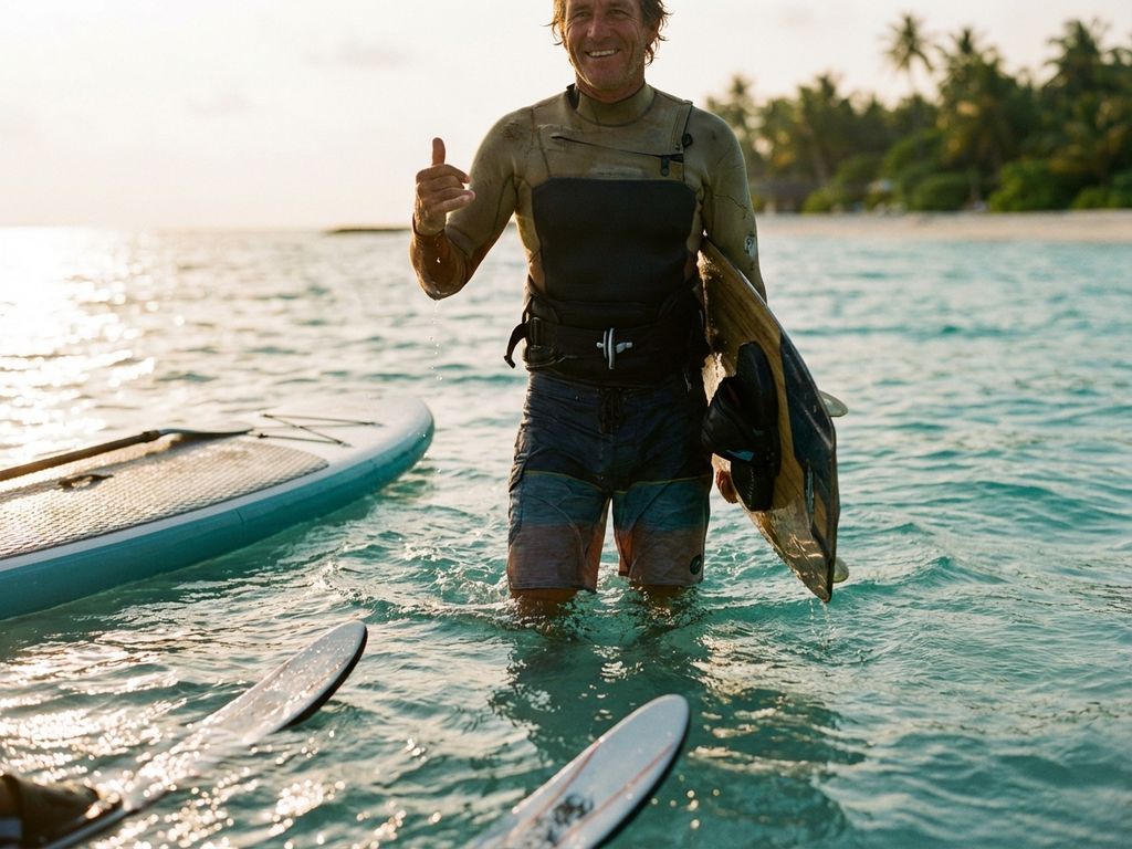 Watersportinstructeur staat tot de taille in turquoise oceaanwater met wakeboard, paddleboard en waterski's bij zonsondergang