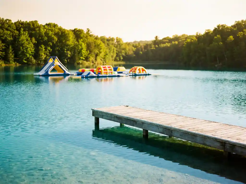 Kleurrijk opblaasbaar obstakelcircuit drijvend op een helder turquoise meer, houten steiger op de voorgrond, groene bossen op de achtergrond in ochtendlicht.