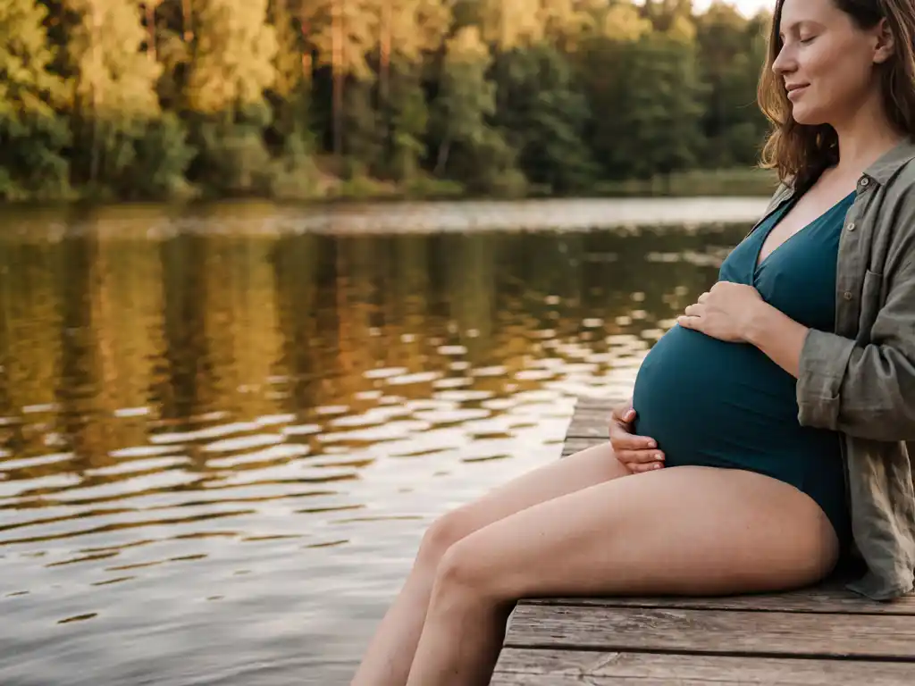Zwangere vrouw in badpak rust op houten steiger bij kalm meer, handen op buik, gouden namiddaglicht weerspiegelt in water met groen bos.