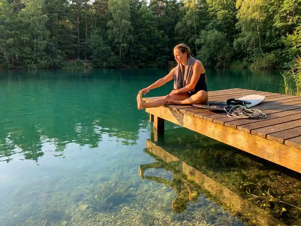 Atleet strekt kuitspier op houten steiger aan meer, wakeboard naast zich, Nederlands bos weerspiegelt in turquoise water bij gouden namiddaglicht.